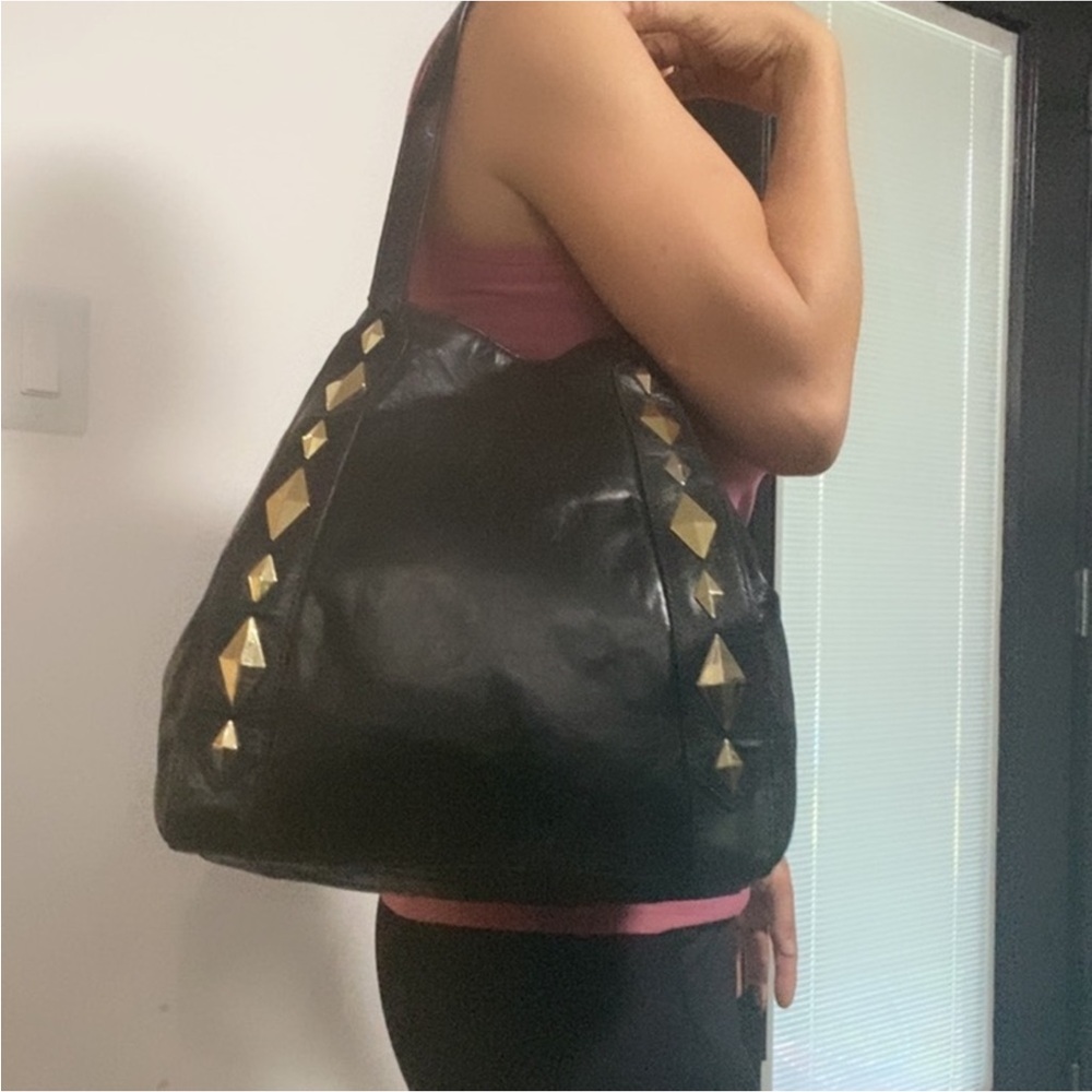 Authentic Badgley Mischka designer studded black leather handbag purse - Picture 4 of 13